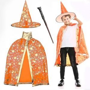 FainFun Chapeau et Cape Magicien, Cape de Sorcière avec Chapeau, Cape de Magicien Enfant, Enfant Cape de Citrouille Halloween, Manteau de Sorcière, Wizard Cape (Jaune) (JUNQIAN, neuf)