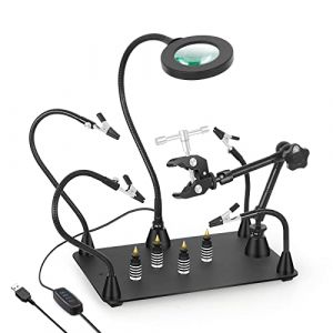 Mains secourables, troisi&egrave;me main &agrave; souder, support de carte de circuit imprim&eacute; avec lampe loupe 3X LED, support de pistolet &agrave; air chaud, bras m&eacute;talliques flexibles et base robuste (newacalox two, neuf)