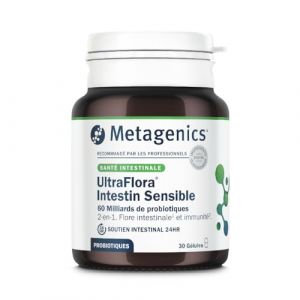 Metagenics UltraFlora Intestin Sensible - 60 milliards de probiotiques - 2-en-1 : Flore intestinale1 et immunit&eacute;2 - Soutien Intestinal 24h - 30 g&eacute;lules - 1 Mois (Metagenics EMEA, neuf)