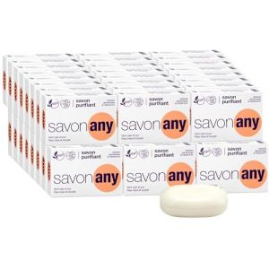 SORIFA - Lot de 48 – Savon purifiant ANY – Visage et corps – Hygiène quotidienne - Peaux à problèmes – Peaux pigmentées – Base lavante 100% végétale - Sans parfum - Pain 100 gr. (DERMACARE-PRO, neuf)