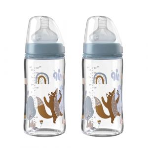 NIP Lot de 2 biberons en verre, à col large, 240 ml, avec tétine anatomique à col large, en silicone, taille 0+, lait (babywaren24, neuf)