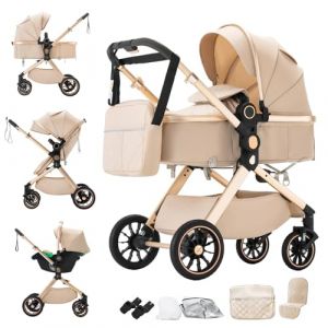 Shineey Poussette 3 en 1, Poussette B&eacute;b&eacute; Compacte R&eacute;glable en Hauteur Avec, Trio Cadre en Alliage d'aluminium Haut Paysage syst&egrave;me de voyage (U9-X/BEIGE, U9-X) (Shineey, neuf)