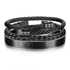 JeweBella 3 Pièces Bracelet Jonc Homme Argent/Or/Noir Acier Inoxydable Luxe Numéros Romain Jonc Manchette Bracelet Ouvert Réglable Ensemble (MOY-UK, neuf)