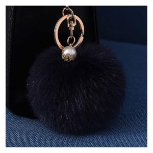 Wisafory Porte-clés pompon avec perle dorée en fausse fourrure moelleuse - Porte-clés de sac à dos - Accessoires pour sacs à dos - Porte-clés pour femme - Bleu marine (Qunrong, neuf)