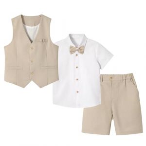 LOLANTA 4 pi&egrave;ces Costume Garcon Mariage Ete, Tenue Enfant Garcon Ceremonie, V&ecirc;tement Bapt&ecirc;me Anniversaire Gar&ccedil;on Page, Ensemble Costume Short Lin Gile Chemise avec n&oelig;ud Papillon, Kaki, 10-11 Ans, 150 (LOLANTA, neuf)