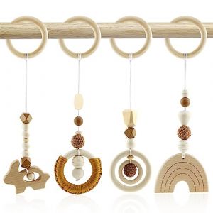 BINYI Arche Portique Deveil Eveil Bebe Bois Arche de Jeux Bébé Jouet Poussette 4 Pièces Jouet a Suspendre Bebe Arches de Jeu pour Jeux Nouveau Né en Bois pour Siège de Bébé Landau (Marron) (BINYI, neuf)