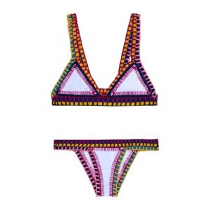 Maillot De Bain Femme 2 Pieces Tricot Triangle Maillots Deux PièCes Femme Push Up Couleur Vive Patchwork Fait Main Crochet Haut Et Bas De Bikini Taille Basse BrassièRe Triangulaire En Crochet Ethnique (FATUS, neuf)