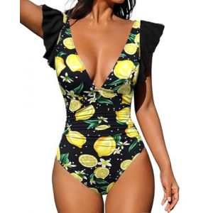 Femme Maillot de Bain 1 pièce Costume de Natation à col en V Contrôle Ventre Bikini Monokini à Volants Amincissant Push Up Monokini(Citron,M) (RSSAA, neuf)