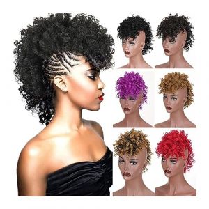 Chignon désordonné bouffant afro postiches bouclés queues de cheval mohawk pour femmes, extensions de cheveux synthétiques crépus bouclés chignon queue de cheval avec frange enveloppement updo cl (binzhoshifaguangshangmaoyouxiangongsi, neuf)