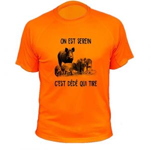 Tee Shirt Chasse, Personnalisable, on est Serein C'est D&eacute;d&eacute; Qui Tire - Sanglier (XL,421, Orange) (AtooDog-Traqueur, neuf)
