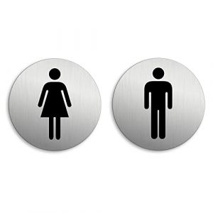 Plaques de Porte Toilettes WC Femmes Hommes Ø 75 mm Lot de 2 Aluminium brossé aspet inox (Argent) (funtastec, neuf)