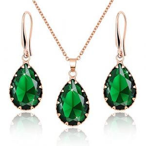 Linawe Ensemble de bijoux vert émeraude, ensembles de bijoux pour femmes, collier à pendentif en émeraude, boucles d'oreilles suspendues en or rose pour femmes, bijoux de mode, bijoux de mariée (Linawe, neuf)