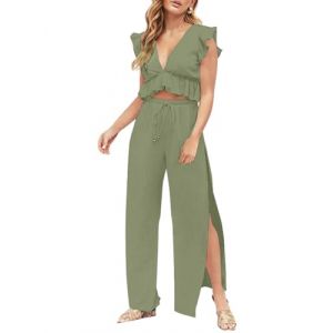 Fancyinn Ensemble Pantalon et Haut Femme Crop Top 2 Pieces Combinaison,Olive Verte,L(EU 42-44) (Fancyinn Direct, neuf)