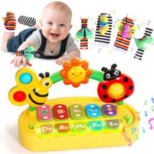 jerryvon Jouet Bébé 6 Mois - Piano Bebe Enfant avec Lumières, 4 Modes, Jouet d'Éveil Musical avec 2 Chaussette Hochets, Cadeau Original pour Bébé Fille Garçon 6-12 Mois Instrument de Musique (Hodream, neuf)