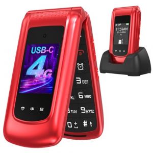 USHINING Téléphone Portable Senior 4G Débloqué, Téléphone Portable à Clapet Personnes âgées avec Grandes Touches Double Écran 2,4 et 1,77 Pouces Double SIM USB-C Bouton SOS Station de Charge, Rouge (Wemat, neuf)