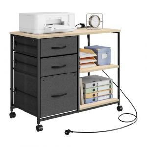 WOLTU Caisson de Bureau, Armoire de Bureau à roulettes, avec Station de Charge, pour Dossiers Suspendus et Meuble Imprimante, avec 3 Tiroirs, 2 Étagères, 2 Prises, 2 Ports USB, Chêne Clair, ASK07hei (WOLTU GmbH, neuf)