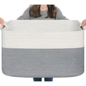 TIMEYARD Panier &agrave; linge, panier de rangement pliable, panier &agrave; linge carr&eacute;, panier &agrave; linge pour chambre d'enfant, panier de rangement pour jouets, 65 l, blanc et gris (TIMEYARD, neuf)