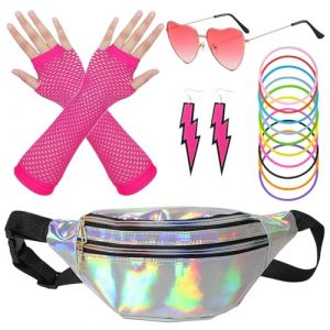 ZXTGBQ 16 Pcs D&eacute;guisement Ann&eacute;e 80 Accessoire Femme, Vetement Annee 80 Disco, Sac Banane, Bracelets, Boucles d'oreilles et Lunettes, pour Annees 80 Costume Vetement F&ecirc;te R&eacute;tro N&eacute;on Femme (ZXTGBQ, neuf)