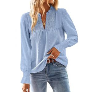 TUUHAW Chemise Femme Chic et &Eacute;l&eacute;gant Automne Oversize Manches Longues Boh&egrave;me Top Col en V Manche &agrave; Volants Dentelle Haut T-Shirts &agrave; Point Suisse D&eacute;contract&eacute; Fluide Tunique Bleu 3XL (TROFANO, neuf)