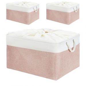 Mangata Lot de 3 bo&icirc;tes de rangement en tissu souple, paniers de rangement rectangulaires multi-tailles pour &eacute;tag&egrave;re, garde-robe, jouets et v&ecirc;tements, 45x35x24 cm, rose et blanc (XGrande) (MANGATA Direct, neuf)