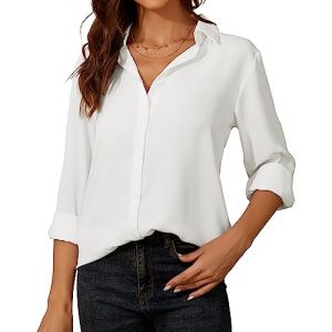 Chemisier Blanc Femme Chic Et &eacute;l&eacute;gant &agrave; Manches Longues pour Femme - Chiffon Chemisier avec Boutons - Col en V Haut D&eacute;contract&eacute; - pour Le Bureau Travail pour Femme Blouse (SpringSeaon, neuf)