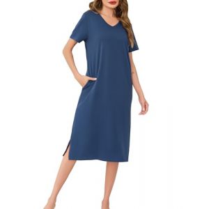 Wikoan Chemise de Nuit Femme en Coton Robe de Nuit Ete &agrave; Manches Courtes V&ecirc;tement de Nuit Col V Chemise de Nuit Longue avec Poches Bleu Cobalt XL (Wikoan Direct, neuf)