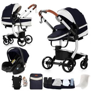 Nine point nine Cuir PU Poussette 3 en 1, Poussette Bebe avec Double Modes de Poussée Réversibles, Poussette Canne avec Nacelle Confortable, Pousettes Cadre Aluminium Haute Paysage (L518 Silver Blue) (Kaiwen baby products, neuf)
