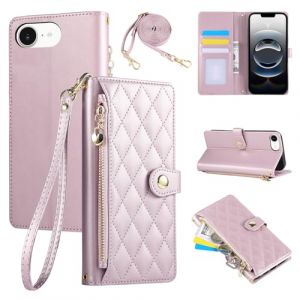 Rosbtib &Eacute;tui pour iPhone 16e 5G 2025 6.1 Pouces, Coque pour t&eacute;l&eacute;phone Portable en Cuir PU avec Broderie en Losange, iPhone 16e 5G &Eacute;tui &agrave; Rabat avec dragonne et bandouli&egrave;re, Rose (Tengkai Technology, neuf)