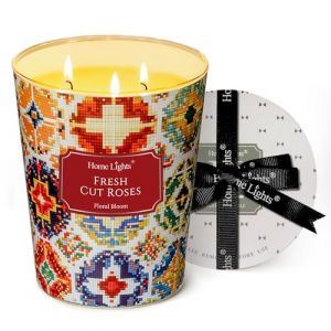 HomeLights Bougies parfum&eacute;es &agrave; 3 m&egrave;ches - 34oz, m&eacute;lange de cire de soja, textures naturelles boh&egrave;mes, d&eacute;coration d'int&eacute;rieur et cadeaux de pendaison de cr&eacute;maill&egrave;re, Roses fra&icirc;chement coup&eacute;es (LanThai, neuf)
