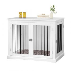 HOLTICO Cage pour chien, meuble avec coussin, style meuble avec couvercle à charnière, chenil intérieur, cage pour grands chiens, niche pour chien, taille moyenne, blanche (CHIHUITRADE, neuf)