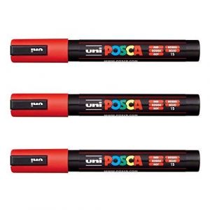 Posca Lot de 3 marqueurs PC-5M Uni-Ball (gamme complète de 35 couleurs disponibles) Rouge. (Ponera, neuf)