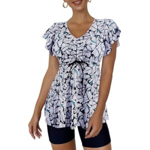 Ecupper Maillot de Bain Femme 2 Pieces Push Up Tankini Set Taille Haute Shorty Col en V Maillot de Bain à Volants Rayure Noir XXL (Ecupper Store, neuf)