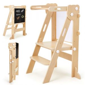 Labebe Tour d'apprentissage pour Enfants, 3 en 1 Montessori Pliable Tour d Observation, Multifonctionnelle R&eacute;glable Tour d'apprentissage avec Tableau Double Face &agrave; partir de 1 an (Bois) (Jolie Vallee, neuf)
