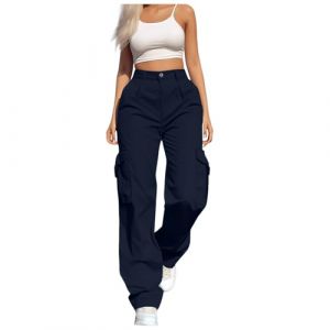 Pantalon Cargo Femme Baggy Large Taille &Eacute;lastique pour Travail Randonn&eacute;e Jogging avec Poches Militaire D&eacute;contract&eacute; Style Y2K Fluide Sport (QNDBSB, neuf)