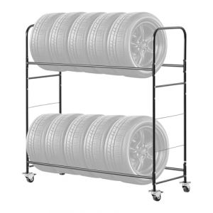 VEVOR Étagère à Pneus Capacité 12PCs, Support de Rangement pour Pneus à 2 Niveaux, Chariot pour Pneus en Acier Robuste, Charge 180 kg, Hauteur Réglable, avec Housse de Protection, pour Atelier Garage (Giaticia, neuf)