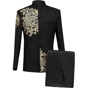 JEShifangjiusu Costume Tunique Chinoise 2 Pièces Traditionnelle Uniforme pour Hommes Ensemble Blazer à Col Mandarin Ensemble Pantalon Veste Boutonnée Robe de Marié (Le Noir,XL) (Huabaohua[7-12 Deliverly], neuf)