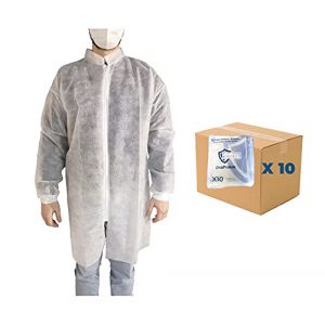10x 10 Surblouse jetable visiteur OneProtek - Taille XL - Fermeture &eacute;clair - Blouse blanche manche longue - Poignets jersey - Polypropyl&egrave;ne 25 gr (SupernaturalZ, neuf)