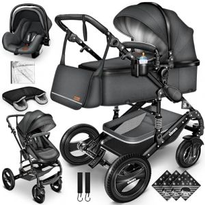 KIDUKU® Poussette Combinée 3 en 1 | Trio pour Enfants | Siége Auto Légère, Piable | Nacelle Souple Convertible | Set de Voyage (Anthracite) (DWD-Company, neuf)