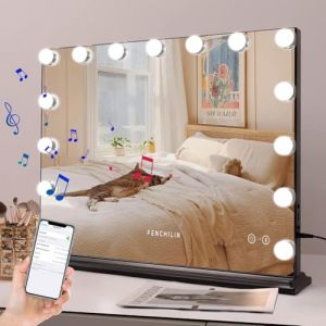 FENCHILIN Miroir Maquillage avec 15 Ampoules LED Haut-Parleur Bluetooth Miroir Coiffeuse Lumineux avec Port USB Grand Miroir Maquilleur Lumineux avec 3 Modes Déclairage Miroir Hollywood Coiffeuse (Fenchilin-eu, neuf)