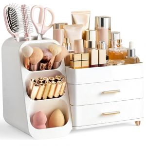 hblife Organisateur de Maquillage avec tiroirs, Organisateur de pinceaux, 3 en 1 Boîte de Rangement de cosmétiques en Plastique, Boîte de Rangement de Maquillage Grand Rangement Blanc (WEiodk, neuf)