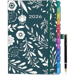 Agenda semainier A5 2026 (janv. à déc.) – Gris ardoise foncé avec motif floral, onglets mensuels colorés, 2 signets, porte-stylo, boucle stylo et pochette intérieure – Planificateur élégant (ZT BenYu, neuf)