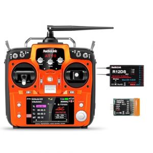 Radiolink AT10II Émetteur et Récepteur RC R12DS 12CH, Télécommande 2,4 GHz Télémétrie Tension, Radio Commande pour Avion RC, FPV Racing Drone, Quad, Hélicoptère (Accélérateur à Gauche, Menu Anglais) (Radiolink FR, neuf)