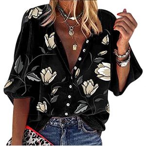Blouse Femme Chemisier Col V Manches Longues Fleuri Top Blouse Tunique Femme Bouton Chemise Manche Longue Oversize Grande Taille Chemise Fleurie Fluide Femme Chemisiers Ample Large Vintage Noir M (Pengniao, neuf)