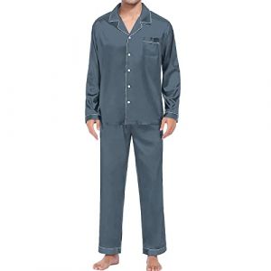 Pyjama D&eacute;contract&eacute; Homme Manches Longues Bouton Satin de Soie Deux Pi&egrave;ces V&ecirc;tements de Nuit Costume Pantalon Pyjama Chemise de Nuit Femme Bio, gris, 5X-Large (NOSsdfss, neuf)