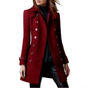 Manteau en laine chaud et d&eacute;contract&eacute; pour femme avec fermeture classique &agrave; double boutonnage (XL bordeaux) (Carpango, neuf)