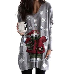 OMZIN Femmes No&euml;l Sweatshirt Verre &agrave; Vin Rouge Bonnet De No&euml;l Bonhomme De Neige Pulls Manches Longues Cadeau De No&euml;l Tops Gris XL (Mosesi, neuf)
