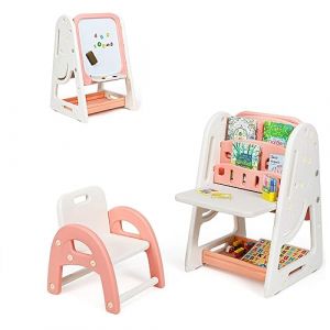 COSTWAY 2 en 1 Chevalet Enfants Magn&eacute;tique avec Hauteur R&eacute;glable, Tableau &agrave; Dessin Double Face en HDPE avec Tabouret, Bureau Pliable, Etag&egrave;re de Rangement, Chiffres Aimant&eacute;s pour 3 Ans+(Rose) (FDS GmbH, neuf)