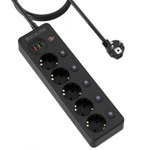 BOCHLION Multiprise avec 4 USB, 5 Prises Multiprise avec Interrupteur Individuel et Parafoudre, Prise Multiple Multiprises Murale avec PD20W et QC3.0, C&acirc;ble 1.8m 3250W/13A pour Bureau Cuisine-Noir (BOCHLION, neuf)