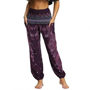 Nuofengkudu Femme Hippie Sarouel Harem Thai Pantalon Poches Boho Fleuri Print Taille Haute Baggy Casual Plage Leger Yoga Pants (Violet Foncét A,Taille Unique) (better Life, neuf)