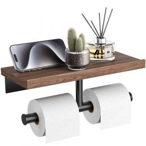 Tindbea Porte Papier Toilette Mural avec étagère Tablette,Porte Rouleau de Papier WC Mural en Bois,Porte Rouleau de Papier Toilette de Salle de Bain en Acier Inoxydable Noir Mat (Noyer) (Flylin, neuf)